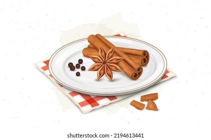 Cinnamon Sticks y flores ilustraciones vectoriales con semillas de pimienta negra