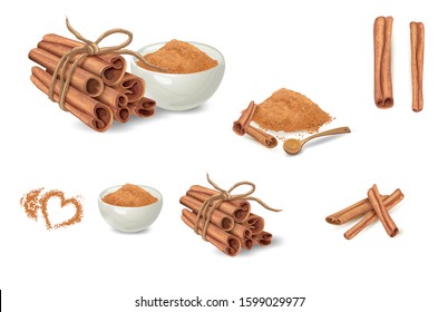 Cinnamon sticks and fragrant anise  Finely ground cinnamons in white ceramic bowl vector illustration isolated on white Background