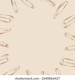 Cinnamon sticks frame on light beige background for label invitation packaging or seasonal product design