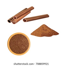 Cinnamon sticks and ground cinnamon isolated on white background. Vector illustration