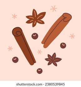 Cinnamon sticks hand drawn composition, doodle icons of star anise and coriander, vector illustrations of backing spices, seasoning sweet food, natural aroma herbs, colored clipart on white background