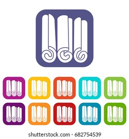 Cinnamon sticks icons set vector illustration in flat style in colors red, blue, green, and other