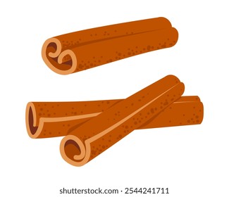 Palitos de canela aislados sobre fondo blanco. Corteza fragante enrollada en tubos, condimento de café, ingrediente culinario. Especias dulces de cocina y panadería. Ilustración vectorial en estilo plano