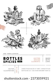 Cinnamon sticks isolated: Vector Illustration. Set of hand-drawn engraving linotype style artworks showing bottle or container which is surrounded by cinnamon sticks, ground cinnamon, spices and leave
