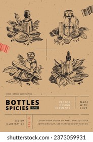 Cinnamon sticks isolated: Vector Illustration. Set of hand-drawn engraving linotype style artworks showing bottle or container which is surrounded by cinnamon sticks, ground cinnamon, spices and leave