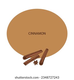 Cinnamon sticks label template background for text. Brown spice, rolled cinnamons, spicy seasoning plant vector illustration condiment For label, spice packaging, logo, card, banner. Hand drawn design
