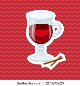Cinnamon sticks and mulled wine sticker on red striped background. Graphic design elements for menu, packaging, ad, poster, brochure. Vector illustration of fast food for bistro, snack bar, cafe