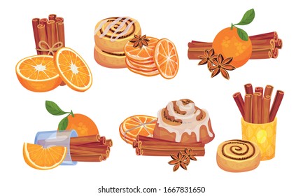 Cinnamon Sticks and Orange Fruit Compositions Vector Set