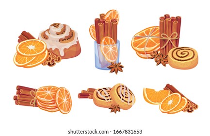 Cinnamon Sticks and Orange Fruit Compositions Vector Set