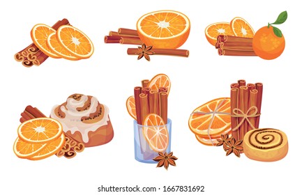 Cinnamon Sticks and Orange Fruit Compositions Vector Set