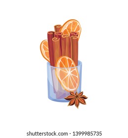 Cinnamon sticks and orange slices in a glass tumbler. Vector illustration on white background.