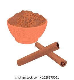 Cinnamon sticks and powder in a bowl vector illustration on a white background