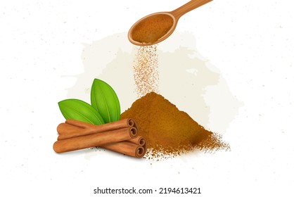 Palos de canela con polvo de canela y hojas verdes ilustración vectorial