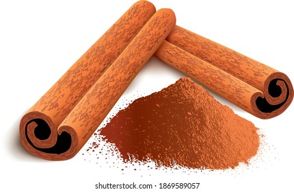 Cinnamon sticks and powder, isolated on white background