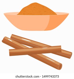 Cinnamon sticks and cinnamon powder. Isolated vector image in flat style on white background