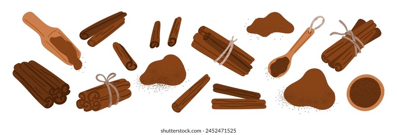 Cinnamon sticks and powder. Organic aroma product. Sweet cooking dry spices. Desserts seasoning. Bakery and coffee condiment. Culinary ingredient. Gourmet spicy taste