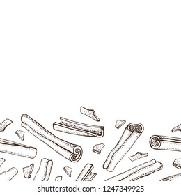 Cinnamon sticks seamless pattern. Vector drawing of aromatic spices set. Seasonal food illustration on white background. Hand drawn sketch of spice and flavor. Cooking and mulled wine ingredient