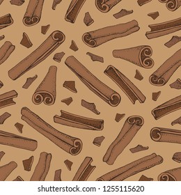 Cinnamon sticks seamless pattern. Vector drawing of aromatic spices set. Seasonal food illustration on brown background. Hand drawn doodles of spice and flavor. Cooking and mulled wine ingredient