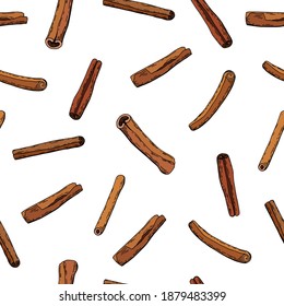 Cinnamon sticks seamless pattern. White background, isolate. Stock illustration.