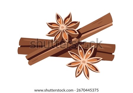 Cinnamon sticks and star anise flat vector isolated on white. Indian spices for Christmas packaging, autumn designs, cafe menus, restaurant branding. Ideal for stickers, labels, seasonal promotions
