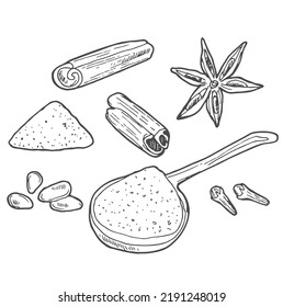 Zimtstangen und Sternanis sind handgezeichnet. Texturierte ganze Zimtpoden und Anisblumen im Doodle-Stil. Einzige Vektorgrafik mit Strichen.