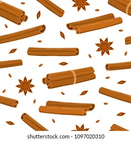 Cinnamon sticks and star anise seamless pattern isolated on white. Vector background of cartoon fragrant spices used for magazine, poster, card, menu cover and web pages.