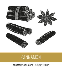 Cinnamon sticks, star anise. Set. Black silhouette on white background.