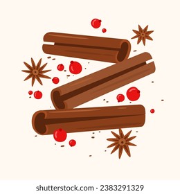 Cinnamon sticks, star anise stars, red berries. Ingredients for warm winter drinks, mulled wine, hot glogg. Eastern spices. Vector seasonal illustration on a light background.