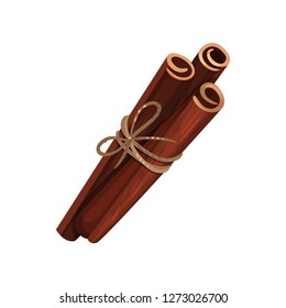 Cinnamon sticks tied with rope. Cooking ingredient. Aromatic condiment for food and drinks. Flat vector icon