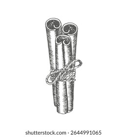 Cinnamon sticks tied with string. Vector black graphics illustration painted by ink. Ingredient for mulled wine and bakes, for Christmas wrapping paper, cookbook and recipes, menu, packaging.