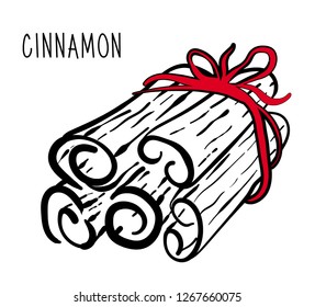 Cinnamon sticks. Vector black and white hand drawn illustration of cinnamon. Ingredient for coffee, baking. Food. Sketch