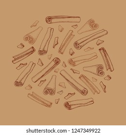 Cinnamon sticks. Vector drawing of aromatic spices set. Seasonal food illustration on brown background. Hand drawn sketch of spice and flavor. Cooking and mulled wine ingredient