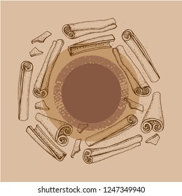 Cinnamon sticks. Vector drawing of aromatic spices set. Seasonal food illustration on brown background. Hand drawn sketch of spice and flavor. Cooking and mulled wine ingredient