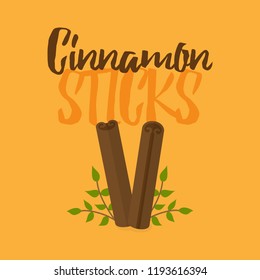 Cinnamon sticks vector graphic illustration. Autumn, fall seasoning with writing and green leaves behind. Isolated on orange background.