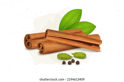 Cinnamon Sticks ilustración vectorial con semillas de cardamomo y pimienta negra