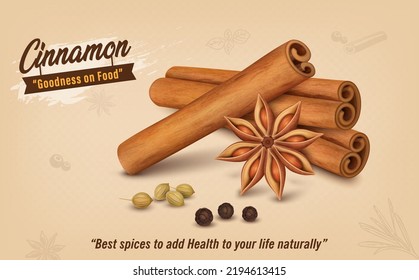 Cinnamon Sticks ilustración vectorial con flor de canela y semillas de pimienta negra