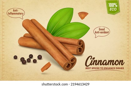 Cinnamon Sticks ilustración vectorial con hojas verdes sobre fondo marrón