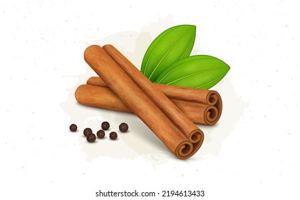 Cinnamon Sticks vector illustration with green leaves and black pepper