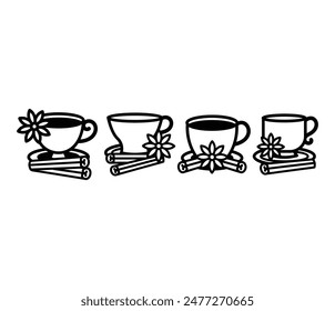 cinnamon tea cup drink beverage icons vector design black white color illustration sets
