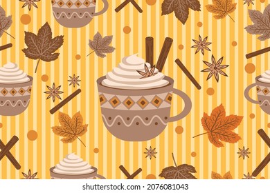 Cinnamon and Vanilla flavor Hot Drink. Autumn Leaves, Cinnamon Sticks and Vanilla Flower Texture Vector Seamless Pattern.Decorative Ornamental Coffee Mug with Cream. Pastel Blue Striped Background.