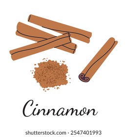 Ilustração vetorial de canela em estilo de desenho animado plano. Canelas, pó moído e casca. Perfeito para especiarias, comida e temas culinários. Design aromático, decorativo e moderno