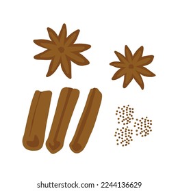 Flores de ilustración vectorial de canela, palos de canela y polvo. Especias asiáticas cocinando deliciosa comida asiática. comida asiática, comida asiática