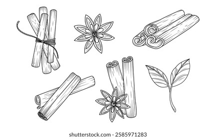 Cinnamon vintage sketch. One line poster. Outline pieces of cinnamon. Element for interior design and presentations. Vector illustration.