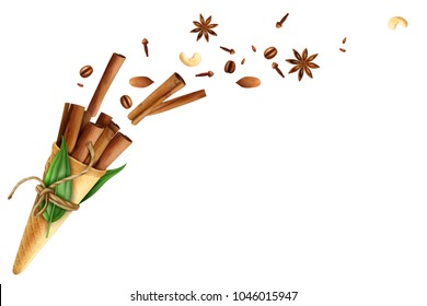 Cinnamon in waffle cone with rope, green leaves, flying spices including cloves, anise and nuts vector illustration