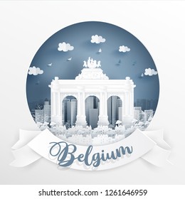 Cinquantenaire, Brussels, World famous landmark of Belgium with white frame and label. Travel postcard and poster, brochure, advertising Vector illustration.