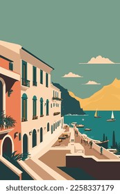 Cinque Terre - Italy, Europe. Vector flat color illustration. flat color cartoon style travel poster