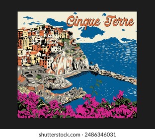 Cinque Terre Italy illustrations, Italian summer island vector art, European travel destination, Cinque Terre hand drawn artwork for graphic print 