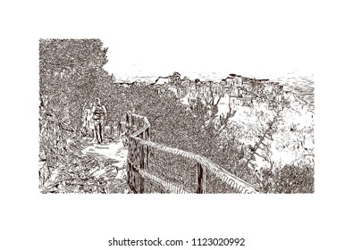 Cinque Terre is a string of centuries-old seaside villages on the rugged Italian Riviera coastline. Hand drawn sketch illustration in vector.