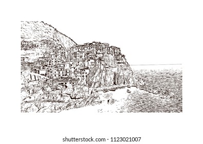 Cinque Terre is a string of centuries-old seaside villages on the rugged Italian Riviera coastline. Hand drawn sketch illustration in vector.