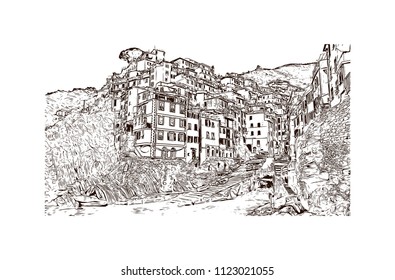 Cinque Terre is a string of centuries-old seaside villages on the rugged Italian Riviera coastline. Hand drawn sketch illustration in vector.